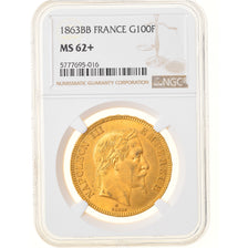 Moneda, Francia, Napoleon III, 100 Francs, 1863, Strasbourg, NGC, MS62+, EBC+