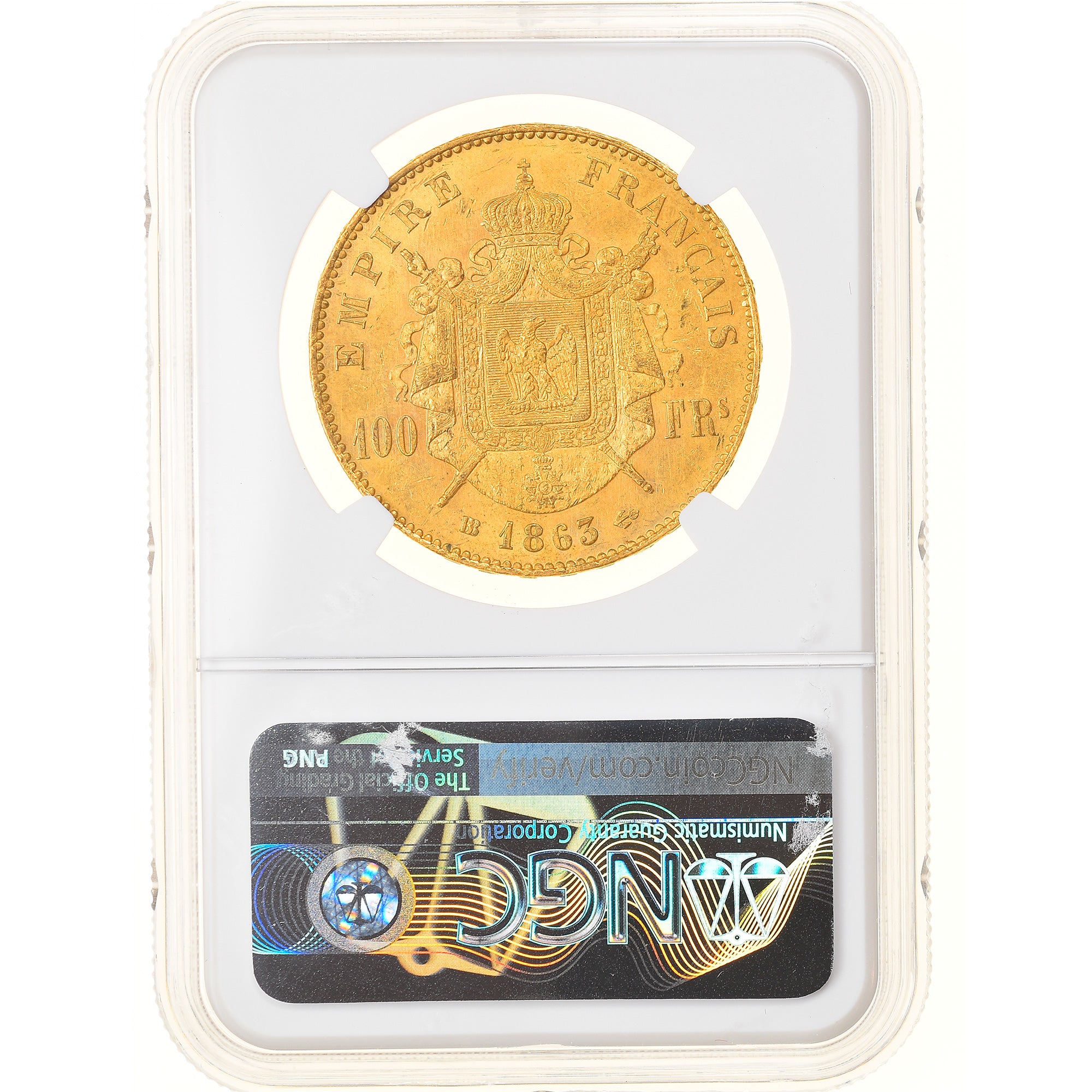 Moneda, Francia, Napoleon III, 100 Francs, 1863, Strasbourg, NGC, MS62+, EBC+