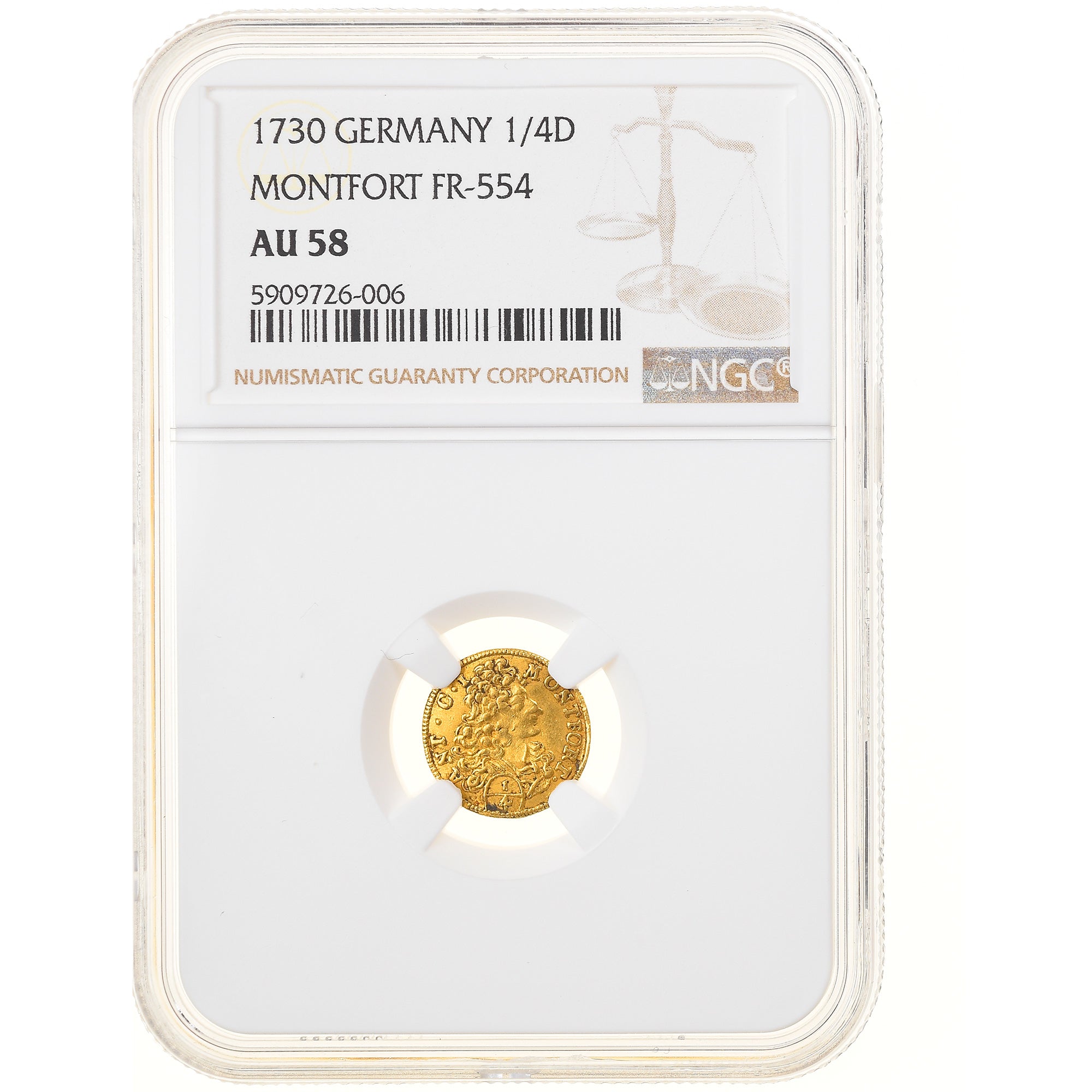 Coin, German States, MONTFORT, Anton III, 1/4 Ducat, 1730, Augsburg, NGC, AU58