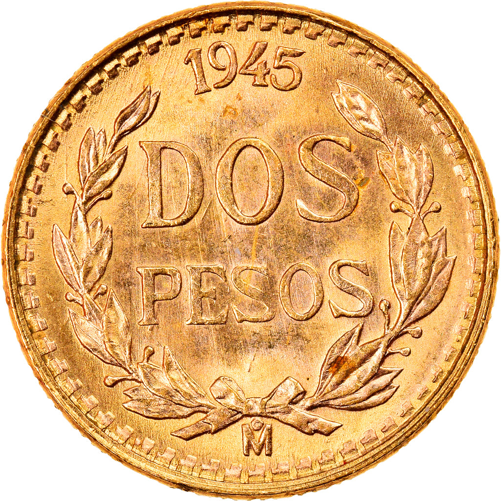 Coin, Mexico, 2 Pesos, 1945, Mexico City, AU(55-58), Gold, KM:461