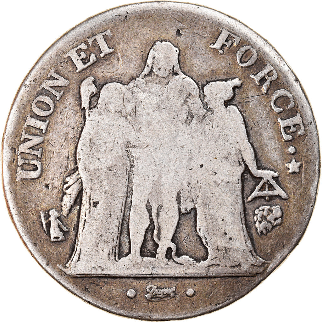 Moneda, Francia, Union et Force, 5 Francs, AN 9, Bayonne, BC, Plata, KM:639.6