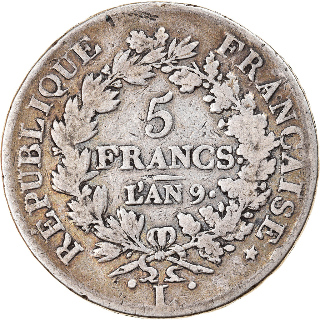 Moneda, Francia, Union et Force, 5 Francs, AN 9, Bayonne, BC, Plata, KM:639.6