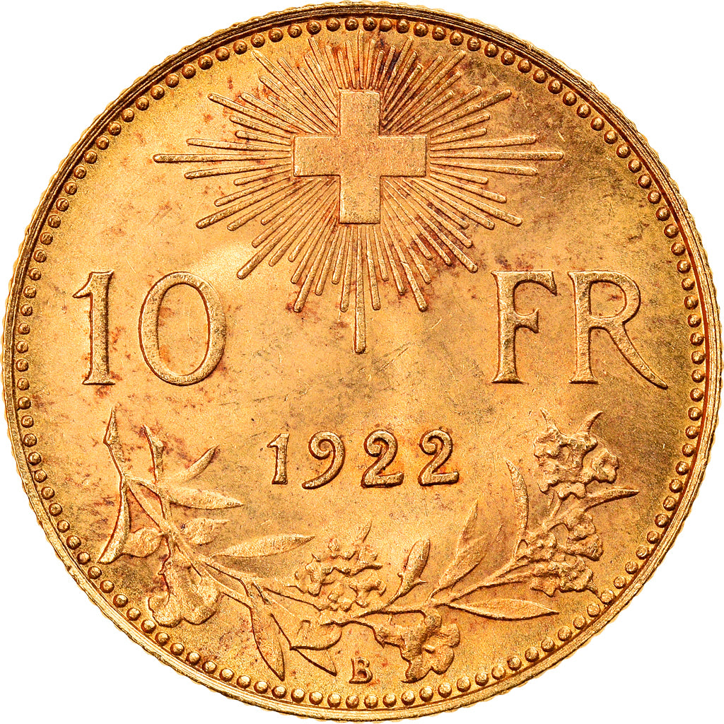 Coin, Switzerland, 10 Francs, 1922, Bern, MS(60-62), Gold, KM:36