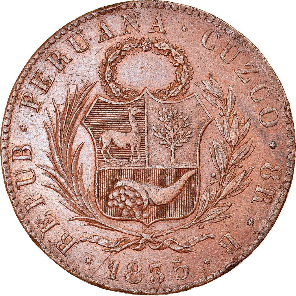 Moneda, Perú, 8 Reales, 1835, Cuzco, Essai de Thonnelier, MBC+, Cobre, KM:7a