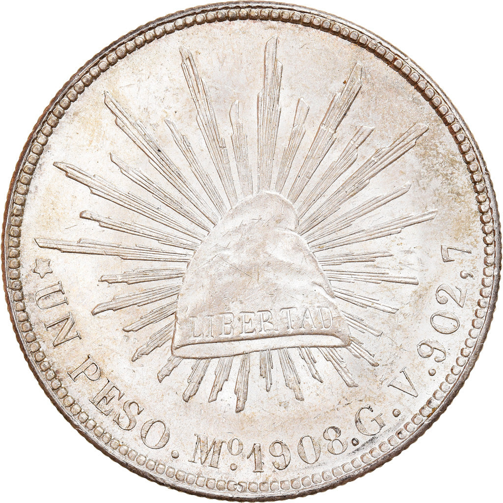 Coin, Mexico, Peso, 1908, Mexico City, MS(60-62), Silver, KM:409.2