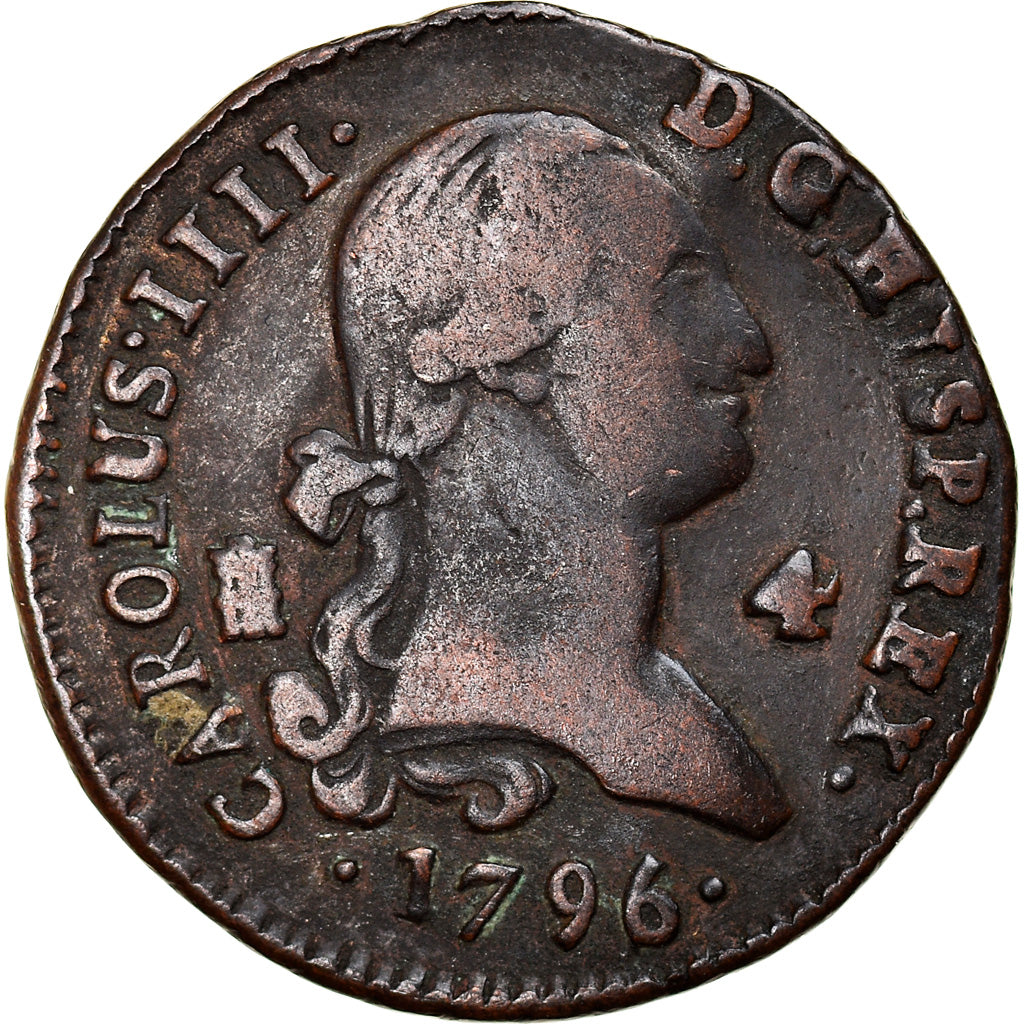 Moneta, Spagna, Charles IV, 4 maravedis, 1796, Segovia, MB+, Rame, KM:427