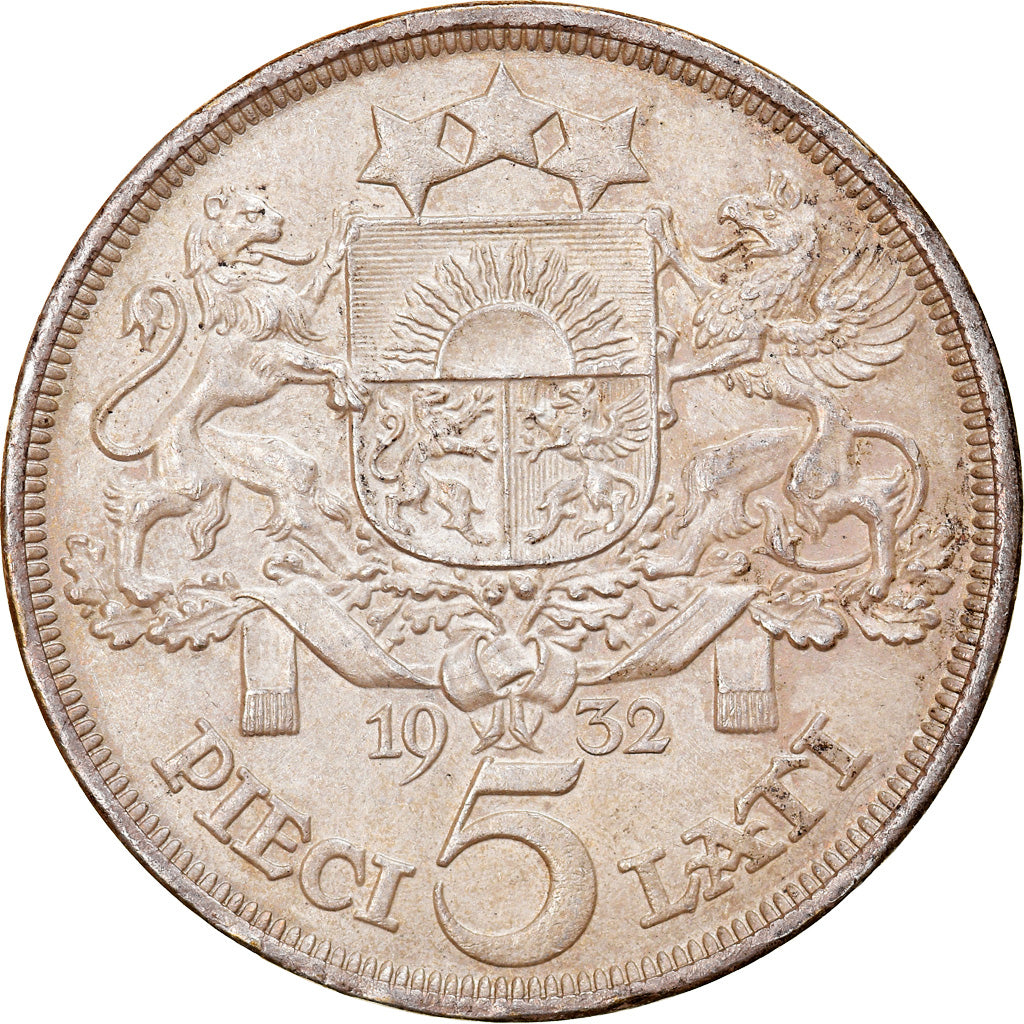 Coin, Latvia, 5 Lati, 1932, AU(50-53), Silver, KM:9