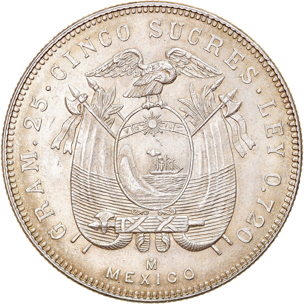 Moeda, Equador, 5 Sucres, Cinco, 1944, Mexico City, Mexico, AU(50-53), Prata