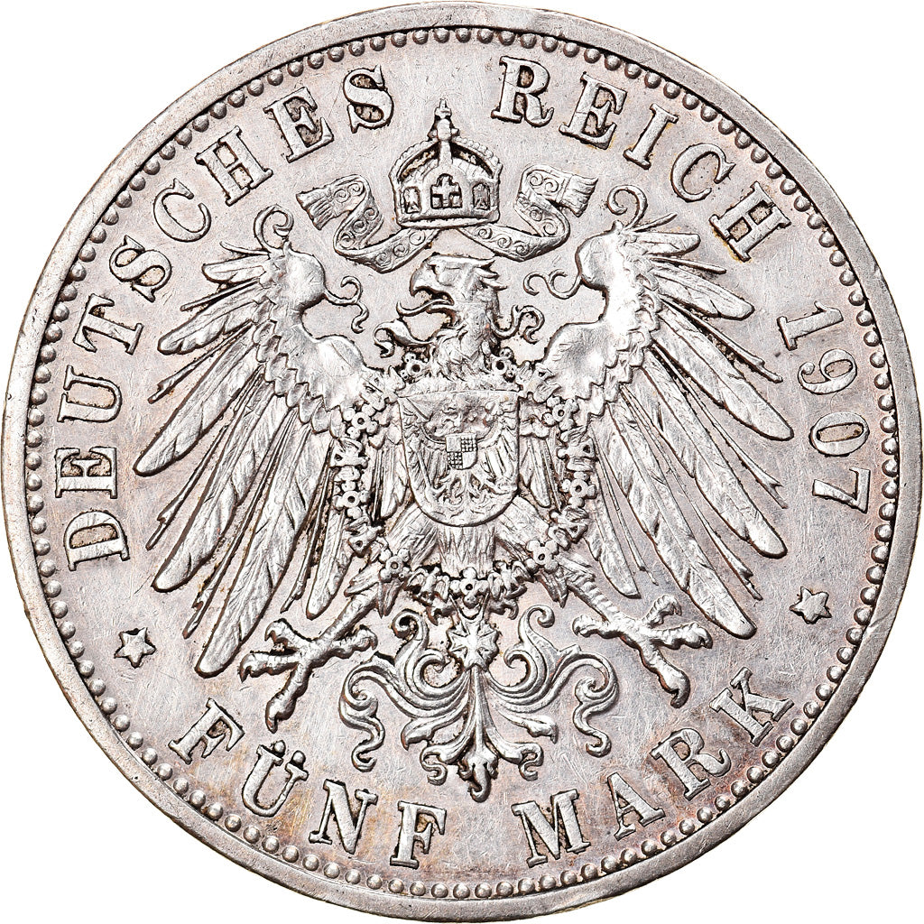 Coin, German States, BADEN, Friedrich I, 5 Mark, 1907, EF(40-45), Silver, KM:274