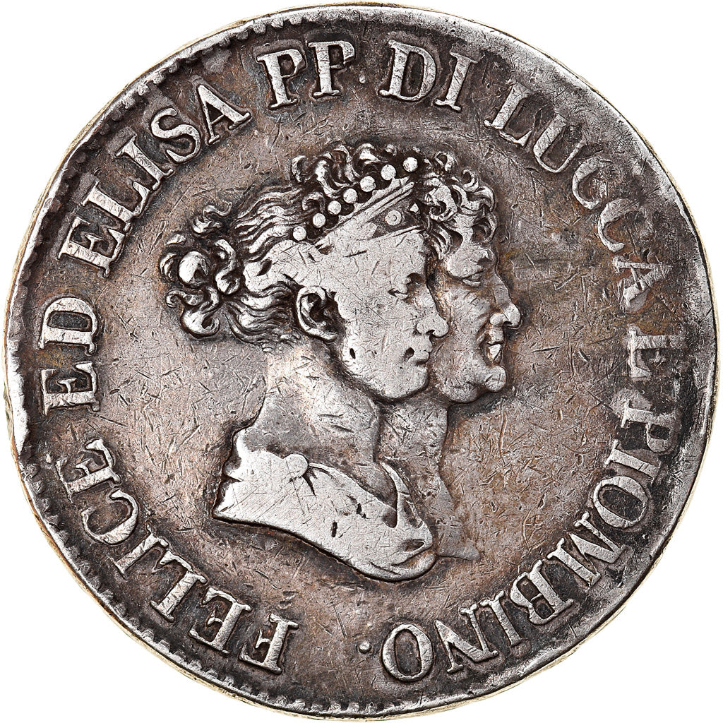 Moneta, DEPARTAMENTY WŁOSKIE, LUCCA, Felix and Elisa, 5 Franchi, 1805, Firenze