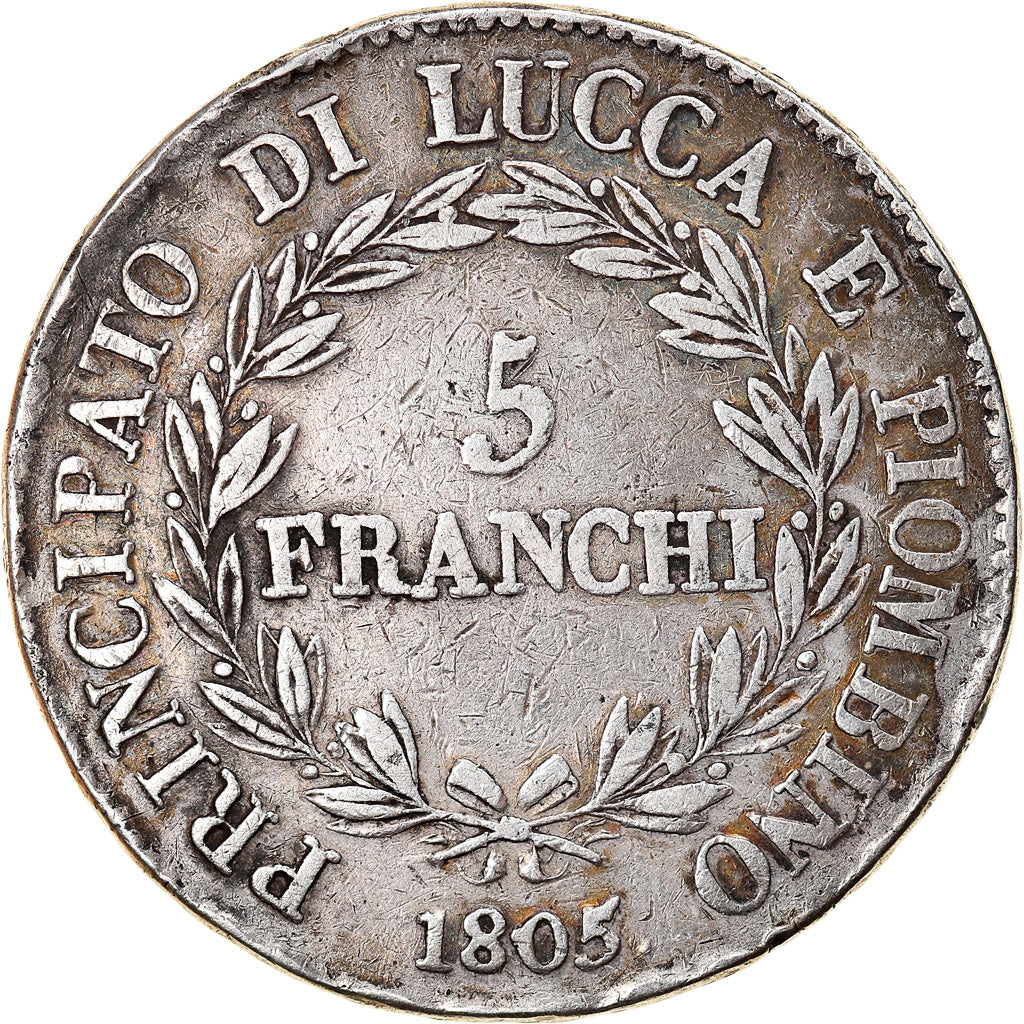 Moneta, DEPARTAMENTY WŁOSKIE, LUCCA, Felix and Elisa, 5 Franchi, 1805, Firenze
