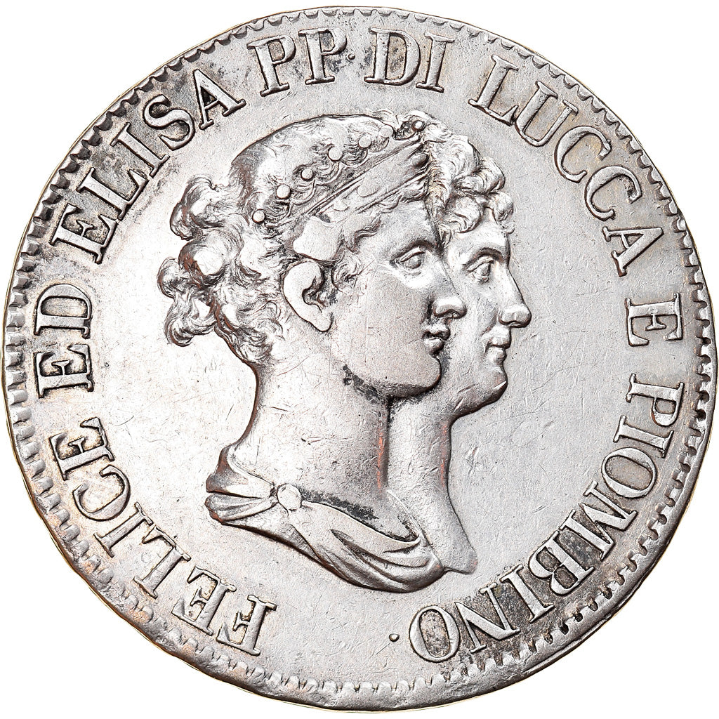 Moeda, ESTADOS ITALIANOS, LUCCA, Felix and Elisa, 5 Franchi, 1807, Firenze