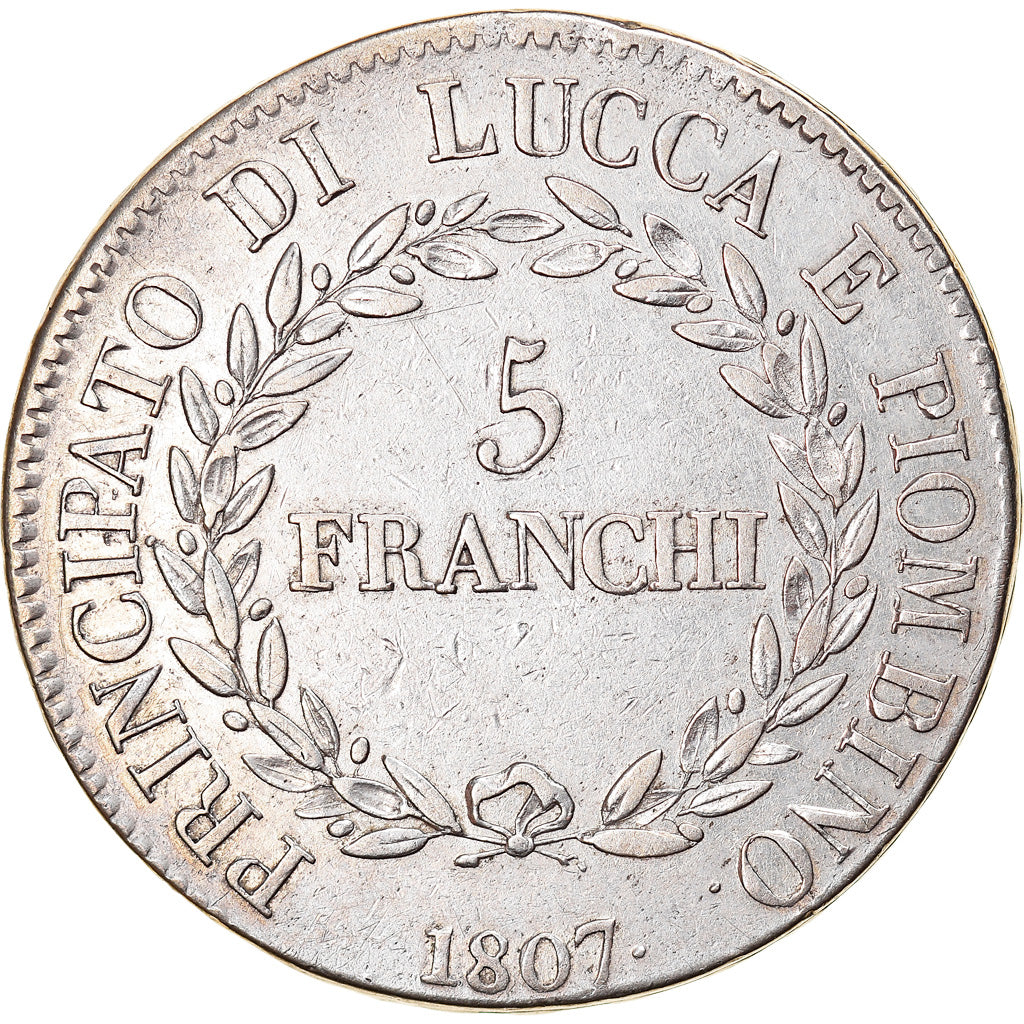 Moeda, ESTADOS ITALIANOS, LUCCA, Felix and Elisa, 5 Franchi, 1807, Firenze