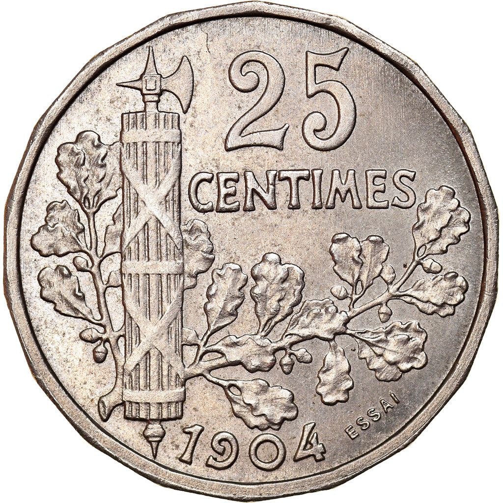 Moeda, França, Patey, 25 Centimes, 1904, Paris, ENSAIO, MS(60-62), Níquel
