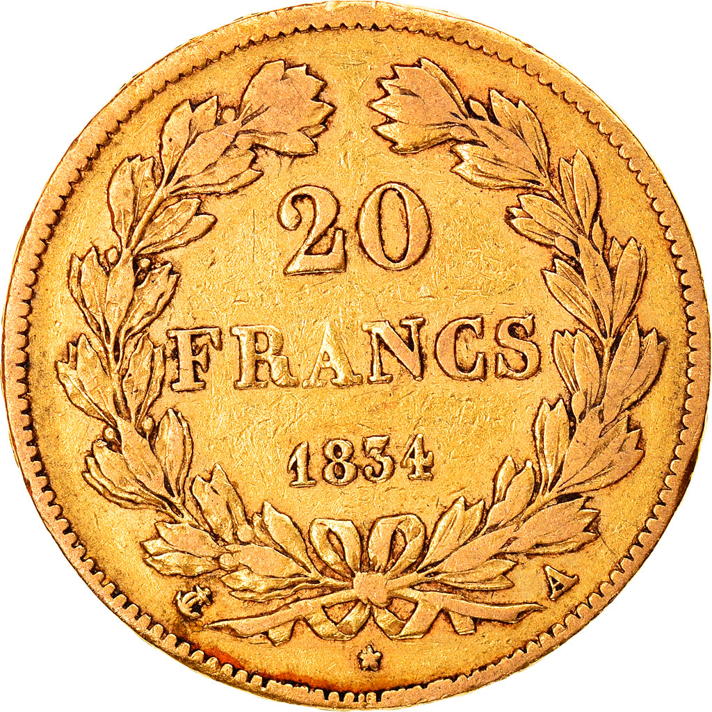 Moneda, Francia, Louis-Philippe, 20 Francs, 1834, Paris, BC+, Oro, KM:750.1