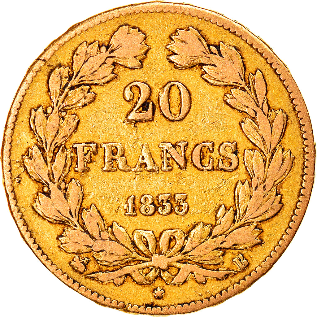 Moneda, Francia, Louis-Philippe, 20 Francs, 1833, Rouen, BC+, Oro, KM:750.2