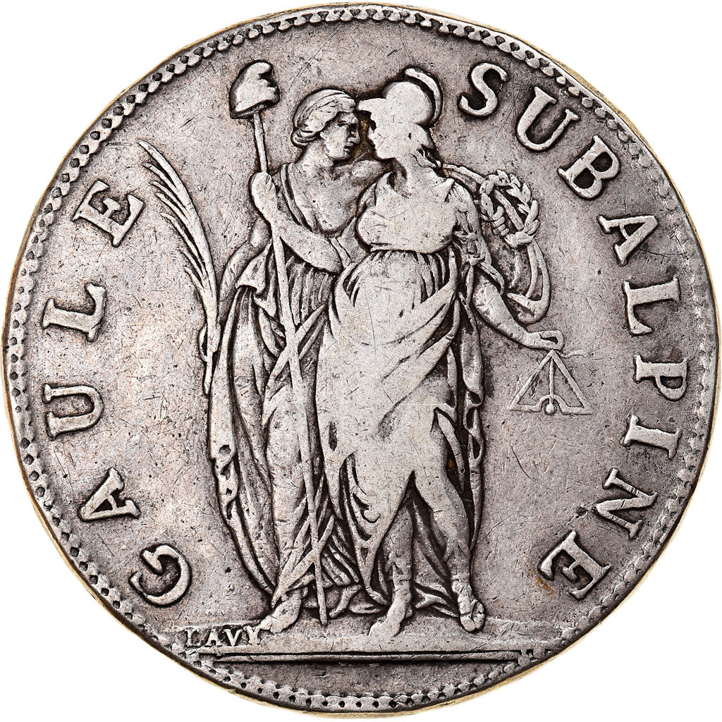 Moeda, ESTADOS ITALIANOS, PIEDMONT REPUBLIC, 5 Francs, An 10, Turin, VF(30-35)