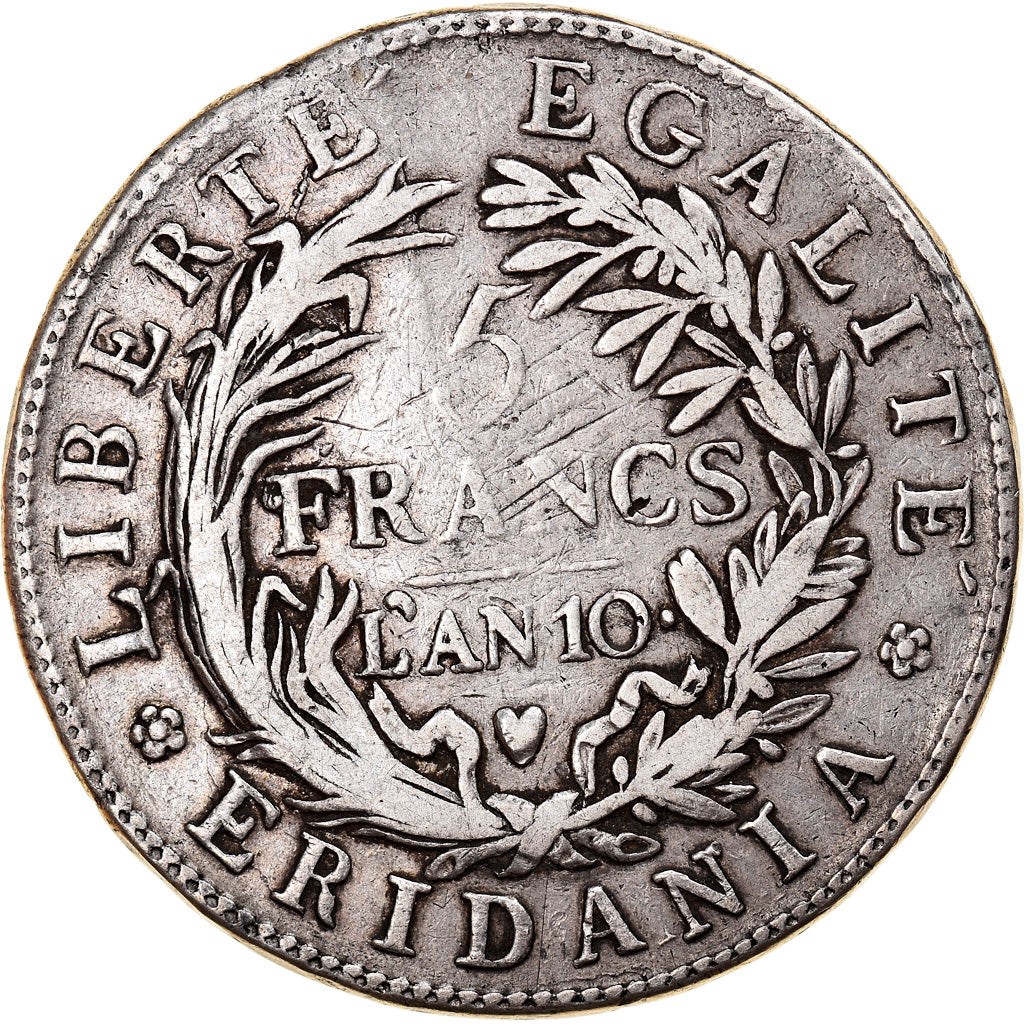 Moeda, ESTADOS ITALIANOS, PIEDMONT REPUBLIC, 5 Francs, An 10, Turin, VF(30-35)