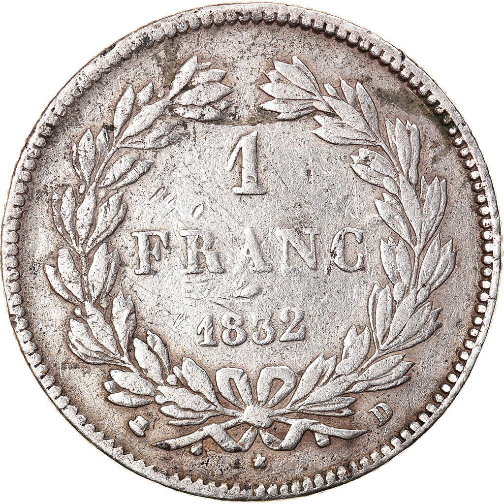 Moneda, Francia, Louis-Philippe, Franc, 1832, Lyon, BC, Plata, KM:748.4