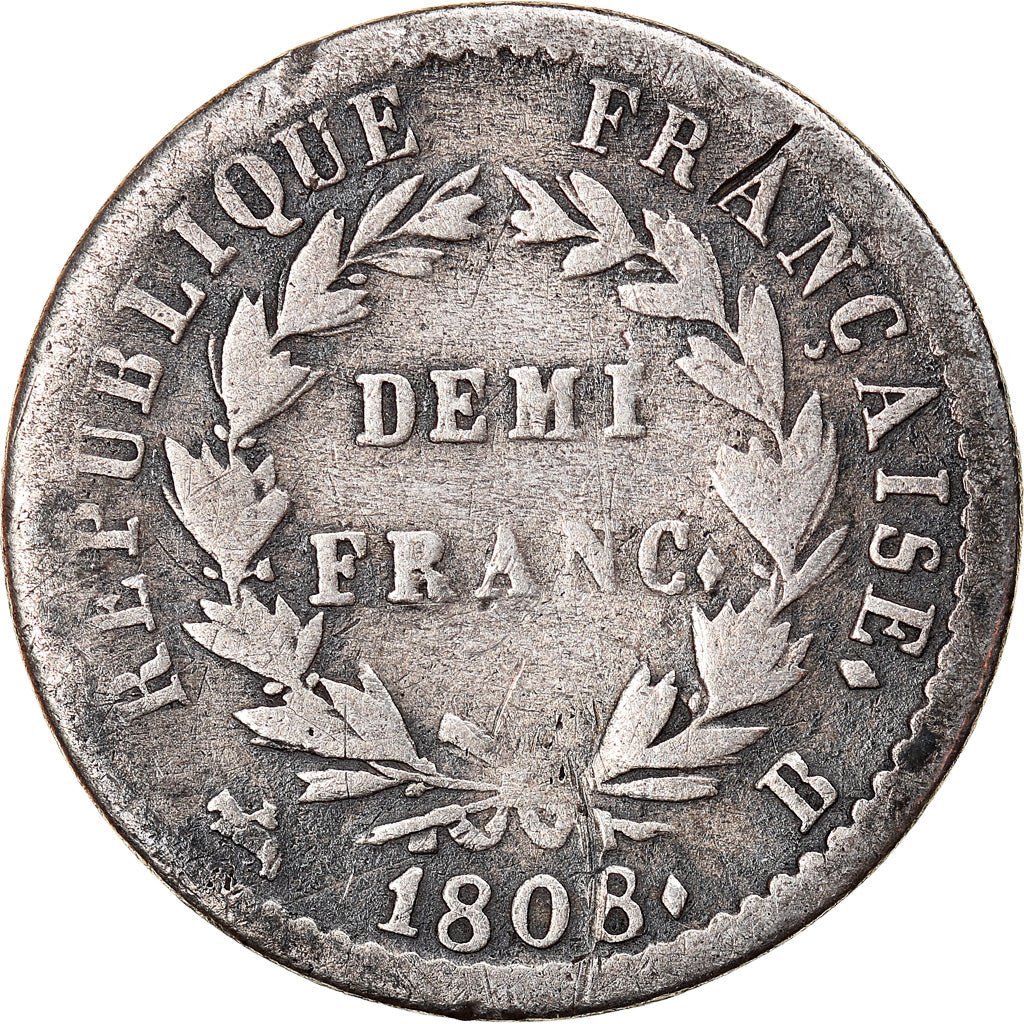 Coin, France, Napoléon I, 1/2 Franc, 1808, Rouen, VF(20-25), Silver, KM:680.2