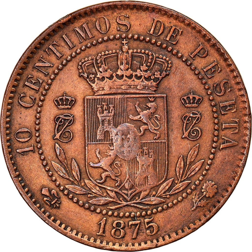 Coin, Spain, Charles VII, 10 Centimos, 1875, Brussels, EF(40-45), Copper, KM:670