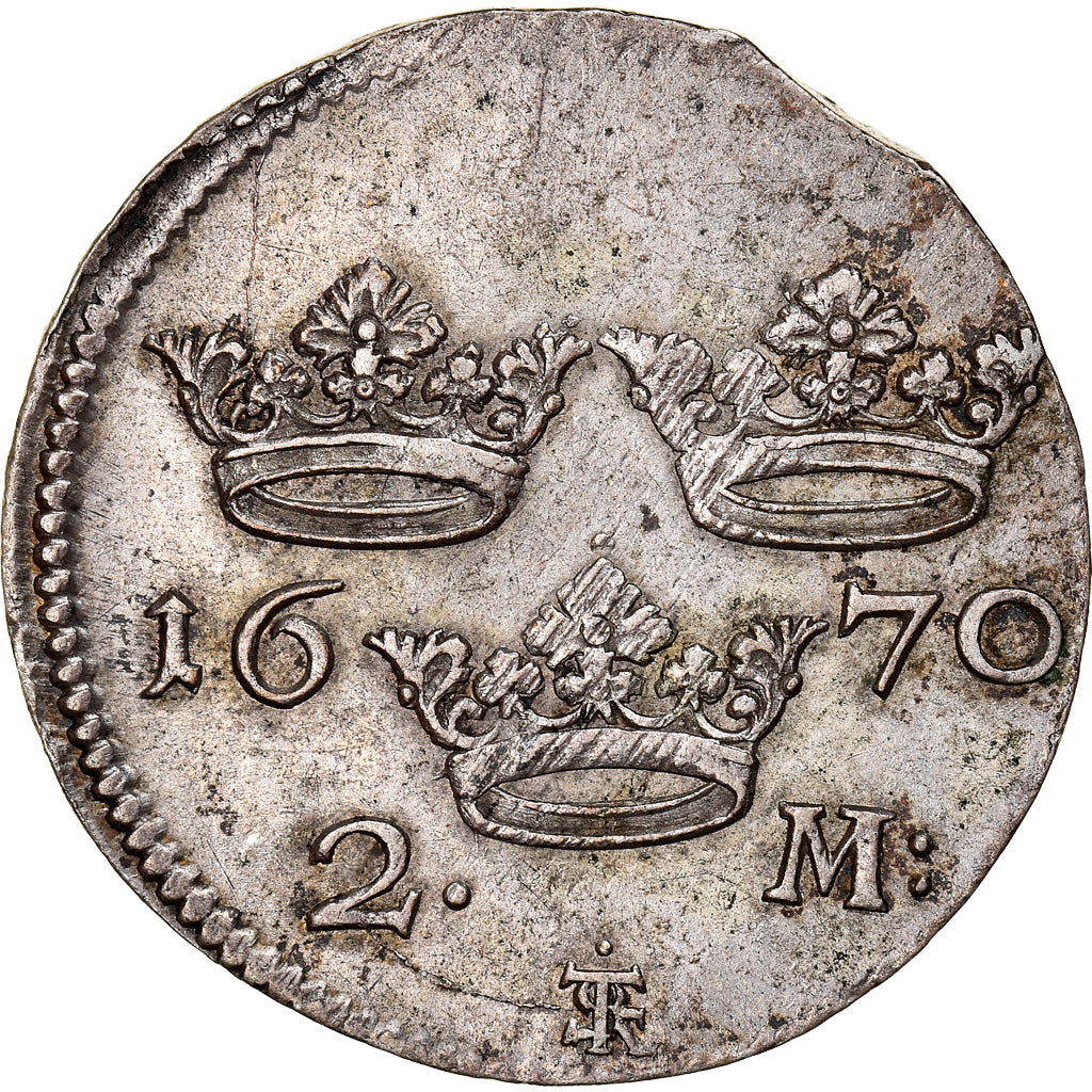 Coin, Sweden, Charles XI, 2 Mark, 1670, Stockholm, AU(55-58), Silver, KM:242