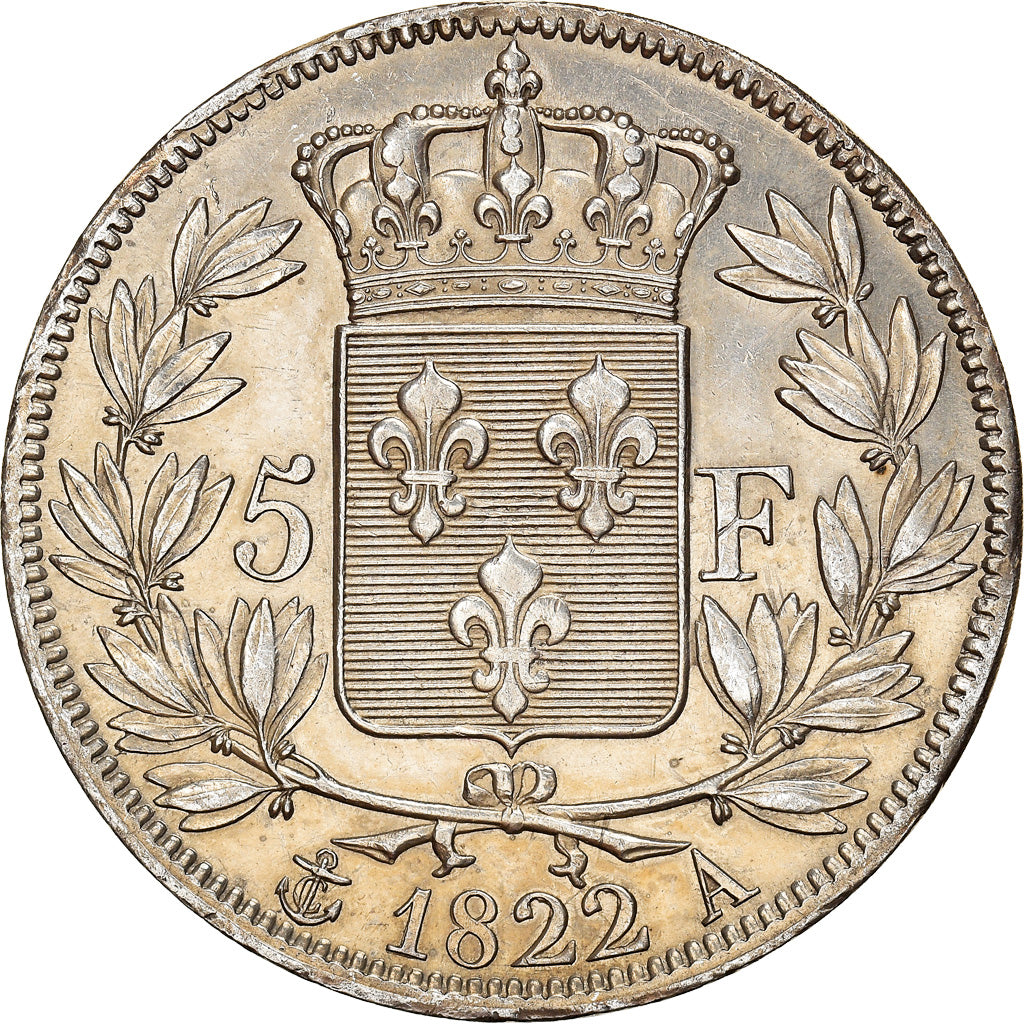 Moeda, França, Louis XVIII, Louis XVIII, 5 Francs, 1822, Paris, AU(55-58)