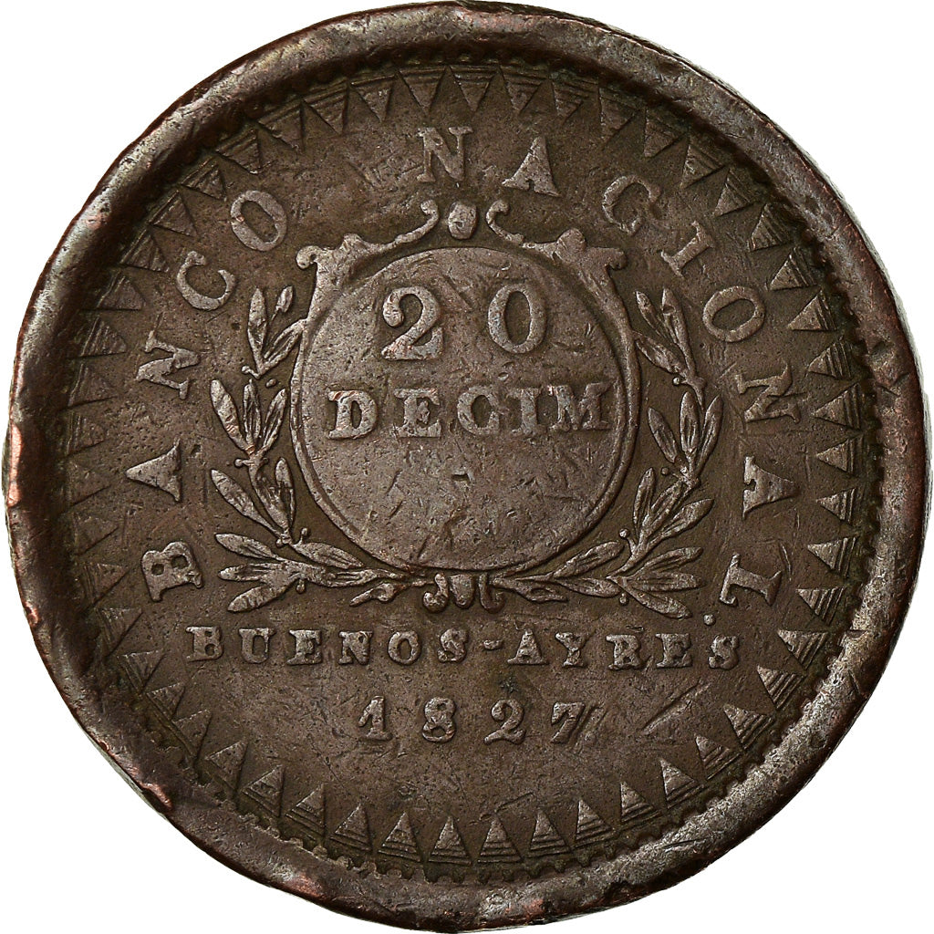 Moneda, Argentina, BUENOS AIRES, 20 Decimos, 1827, Buenos Aires, BC+, Cobre