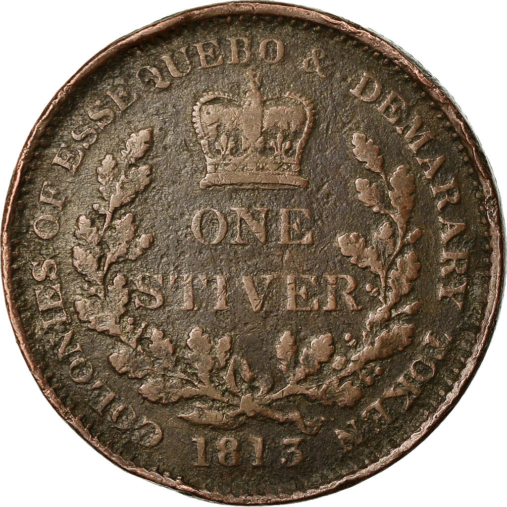 Coin, Guyana, 1 Stiver, 1813, ESSEQUIBO AND DEMERARY, EF(40-45), Copper