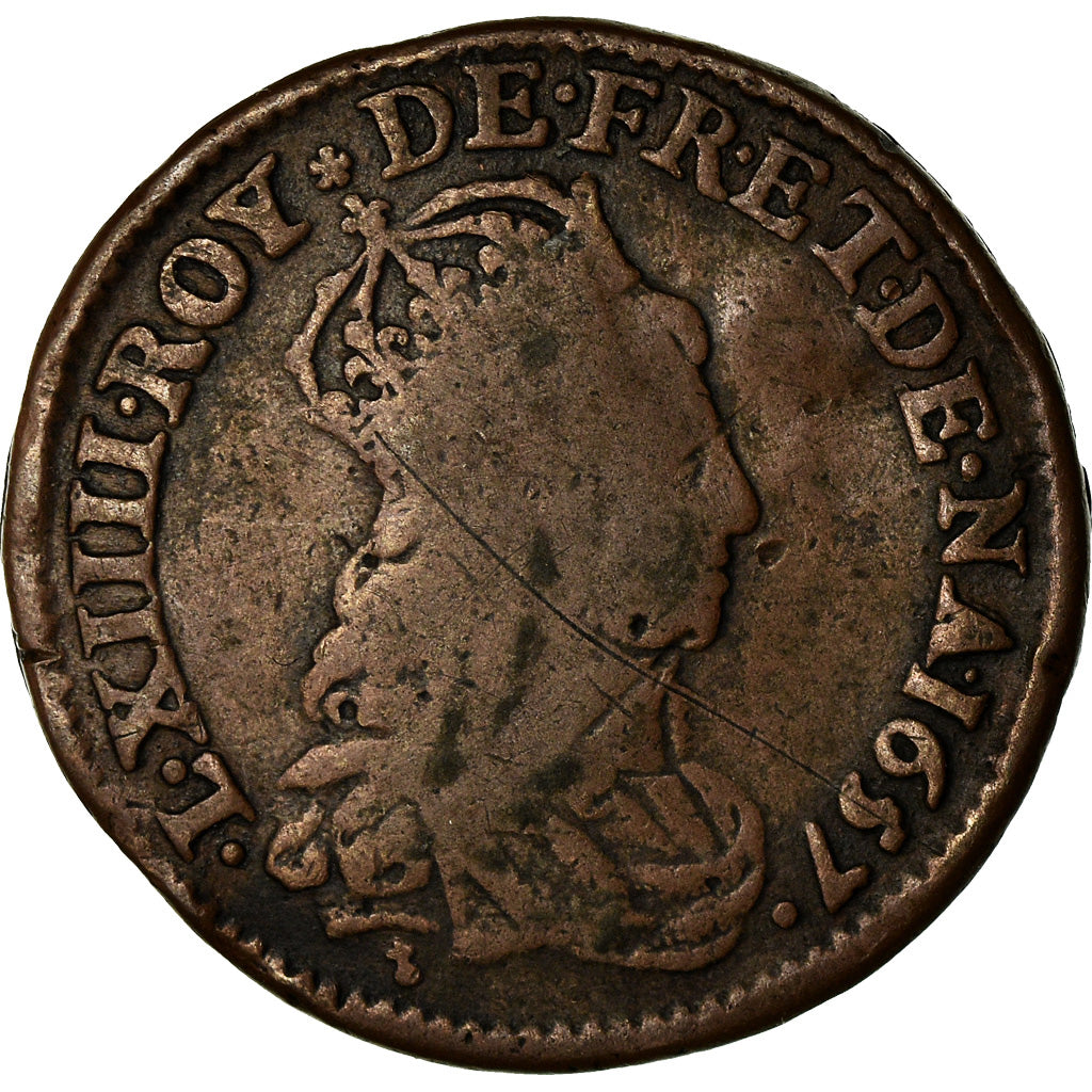 Moeda, França, Louis XIV, Liard Double Face, 1657, F(12-15), Cobre, Gadoury:80