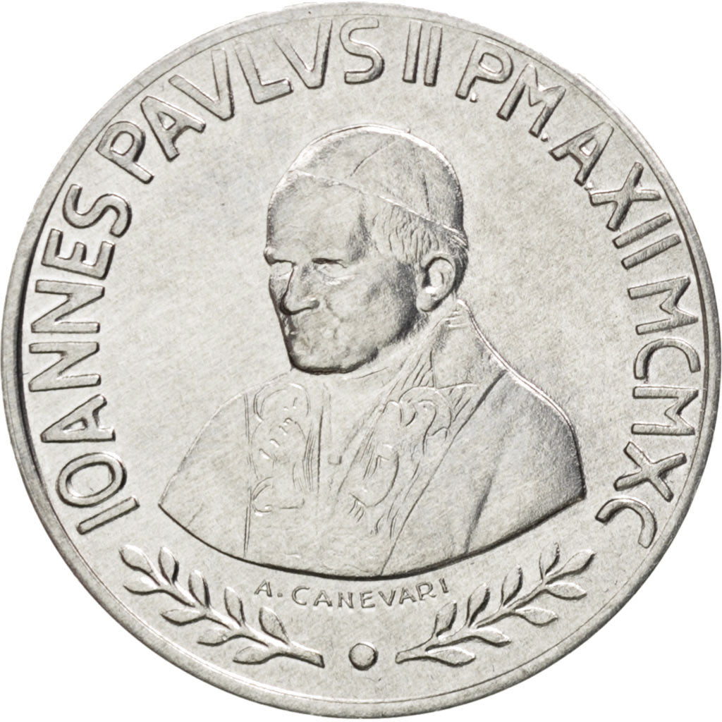 VATICAN CITY, 10 Lire, 1990, KM #220, MS(63), Aluminum, 23, 1.59