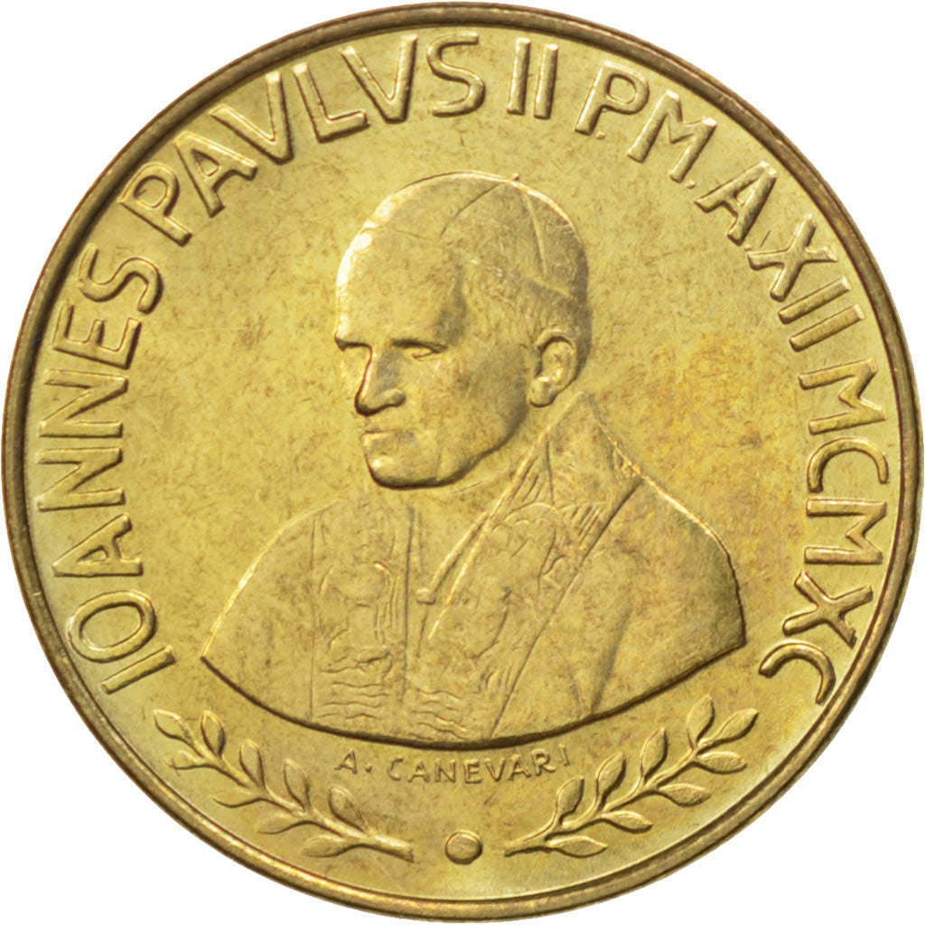 Coin, VATICAN CITY, John Paul II, 20 Lire, 1990, MS(63), Aluminum-Bronze, KM:221
