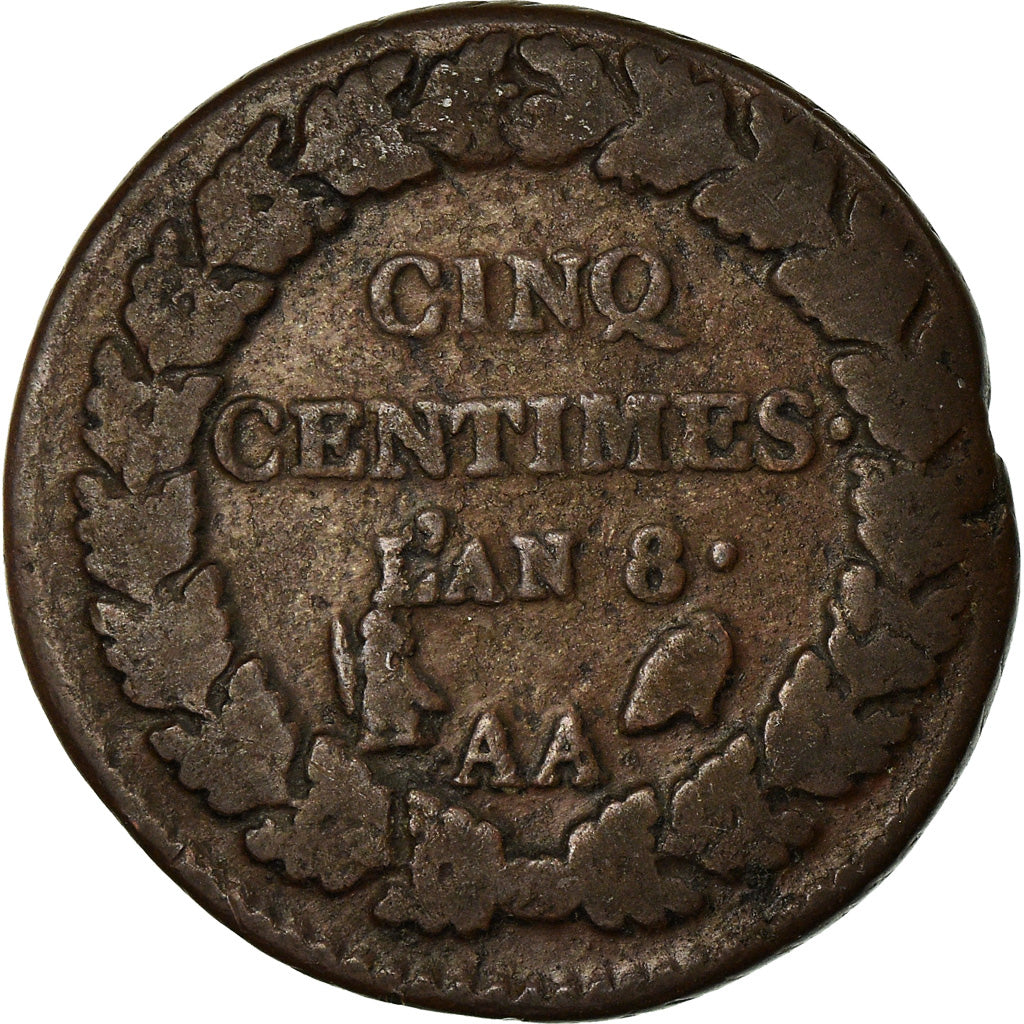 Munten, Frankrijk, Dupré, 5 Centimes, AN 8, Metz, FR, Bronze, KM:640.2