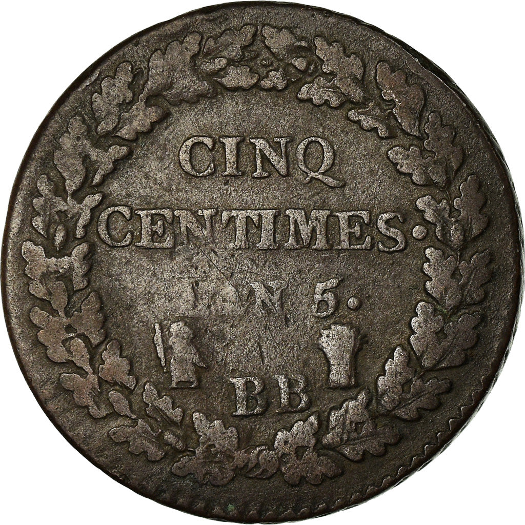Münze, Frankreich, Dupré, 5 Centimes, AN 5, Strasbourg, S, Bronze, KM:640.4