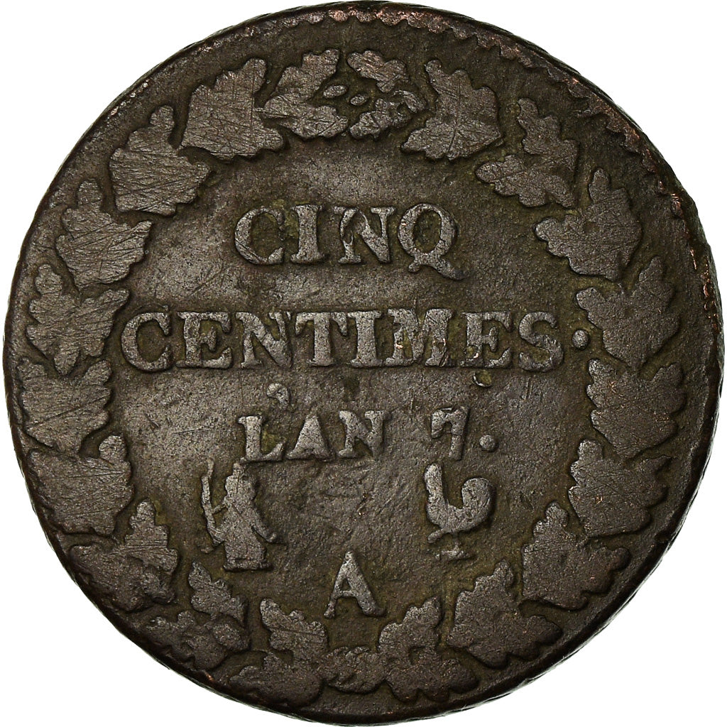 Moneda, Francia, Dupré, 5 Centimes, AN 7, Paris, BC+, Bronce, KM:640.1