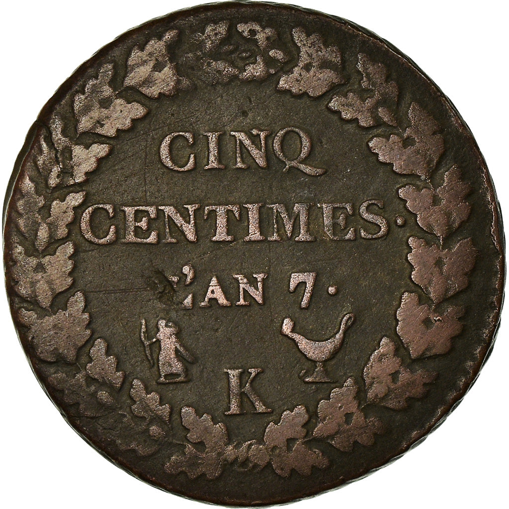 Münze, Frankreich, Dupré, 5 Centimes, AN 7, Bordeaux, S+, Bronze, KM:640.8