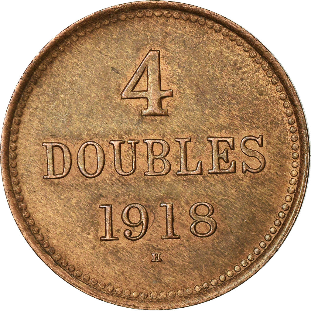 Coin, Guernsey, 4 Doubles, 1918, Heaton, AU(55-58), Bronze, KM:13