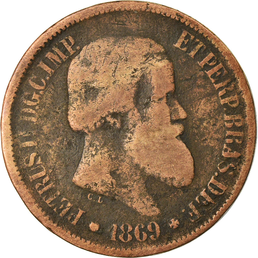 Moneta, Brasile, Pedro II, 20 Reis, 1869, MB, Bronzo, KM:474