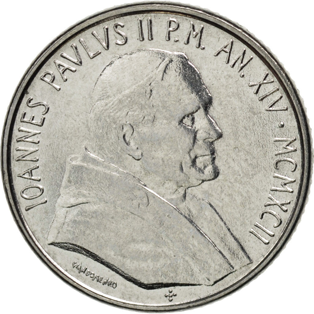 Coin, VATICAN CITY, John Paul II, 100 Lire, 1992, MS(63), Stainless Steel