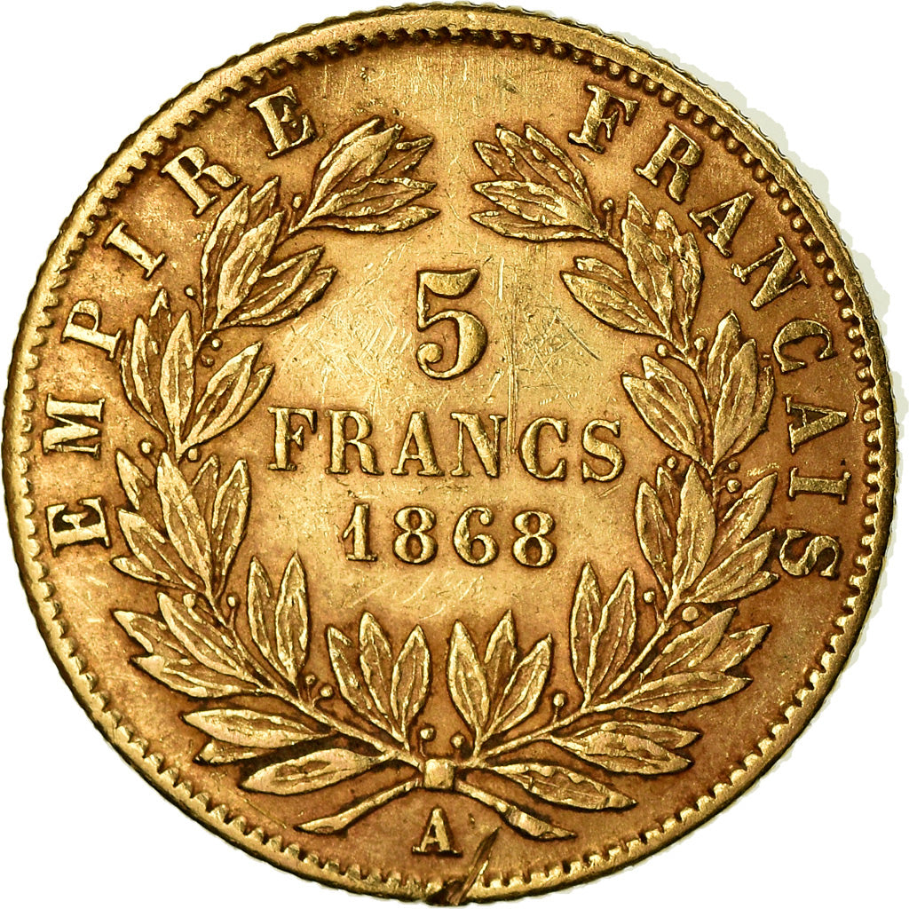 Moneda, Francia, Napoleon III, 5 Francs, 1868, Paris, MBC, Oro