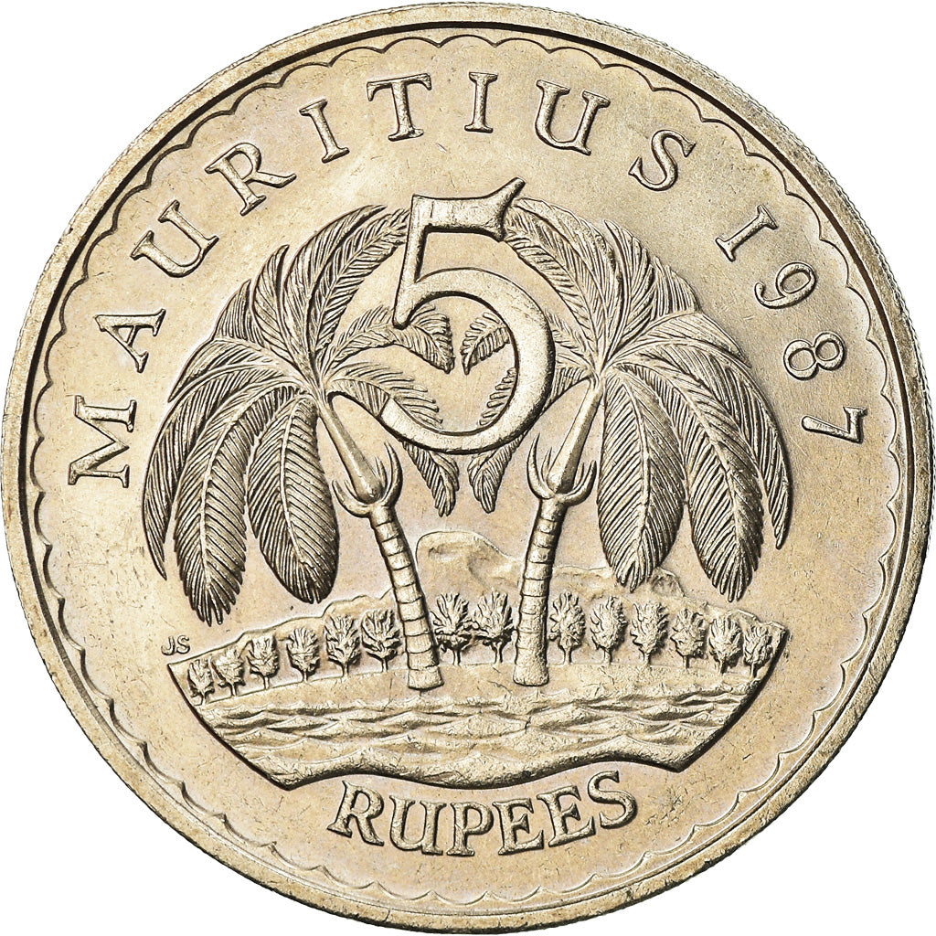 Coin, Mauritius, 5 Rupees, 1987, AU(55-58), Copper-nickel, KM:56