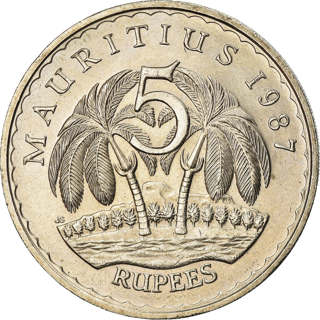 Coin, Mauritius, 5 Rupees, 1987, AU(55-58), Copper-nickel, KM:56