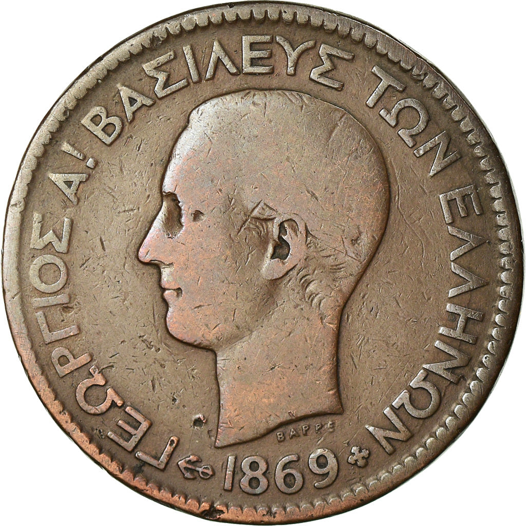 Coin, Greece, George I, 10 Lepta, 1869, Strassburg, VF(30-35), Copper, KM:43