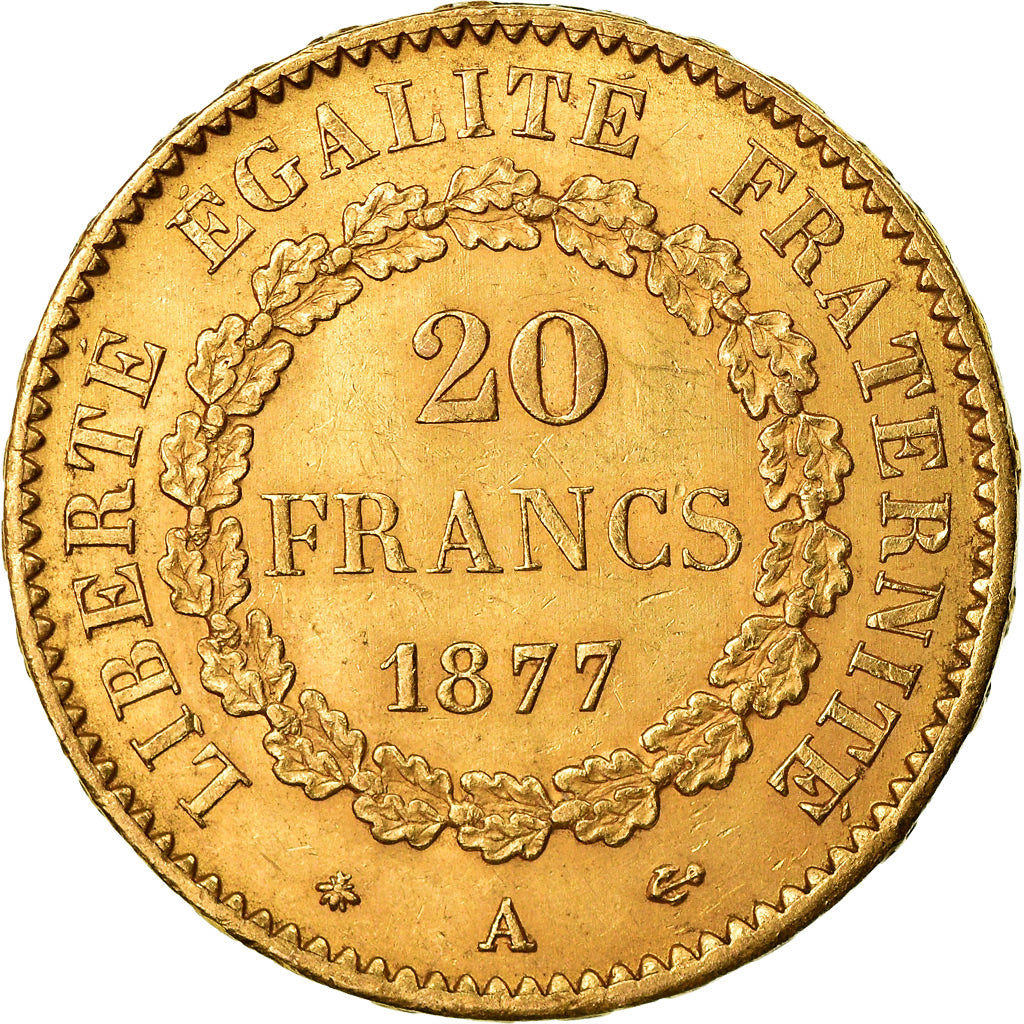 Moeda, França, Génie, 20 Francs, 1877, Paris, AU(55-58), Dourado, KM:825