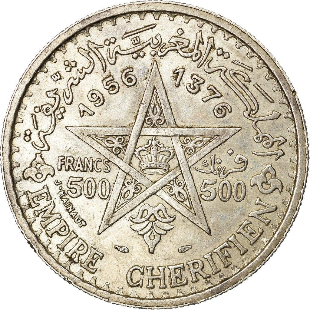 Coin, Morocco, Mohammed V, 500 Francs, 1956/AH1376, Paris, EF(40-45), Silver