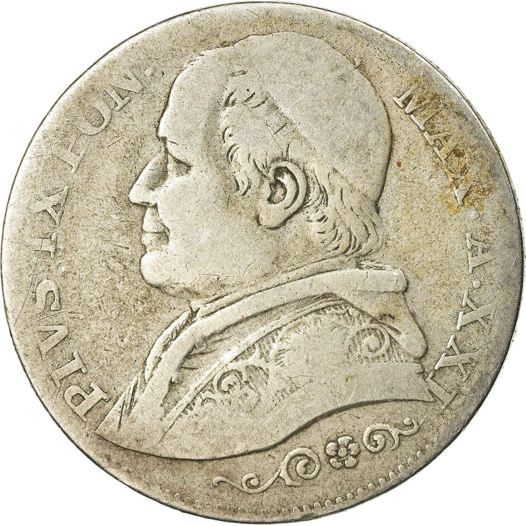 Moneta, DEPARTAMENTY WŁOSKIE, PAPAL STATES, Pius IX, 2 Lire, 1866,Rome,VF(30-35)