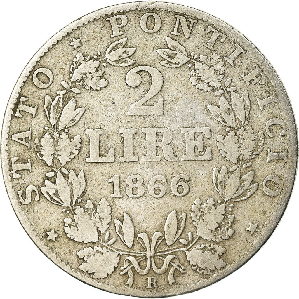 Moneta, DEPARTAMENTY WŁOSKIE, PAPAL STATES, Pius IX, 2 Lire, 1866,Rome,VF(30-35)