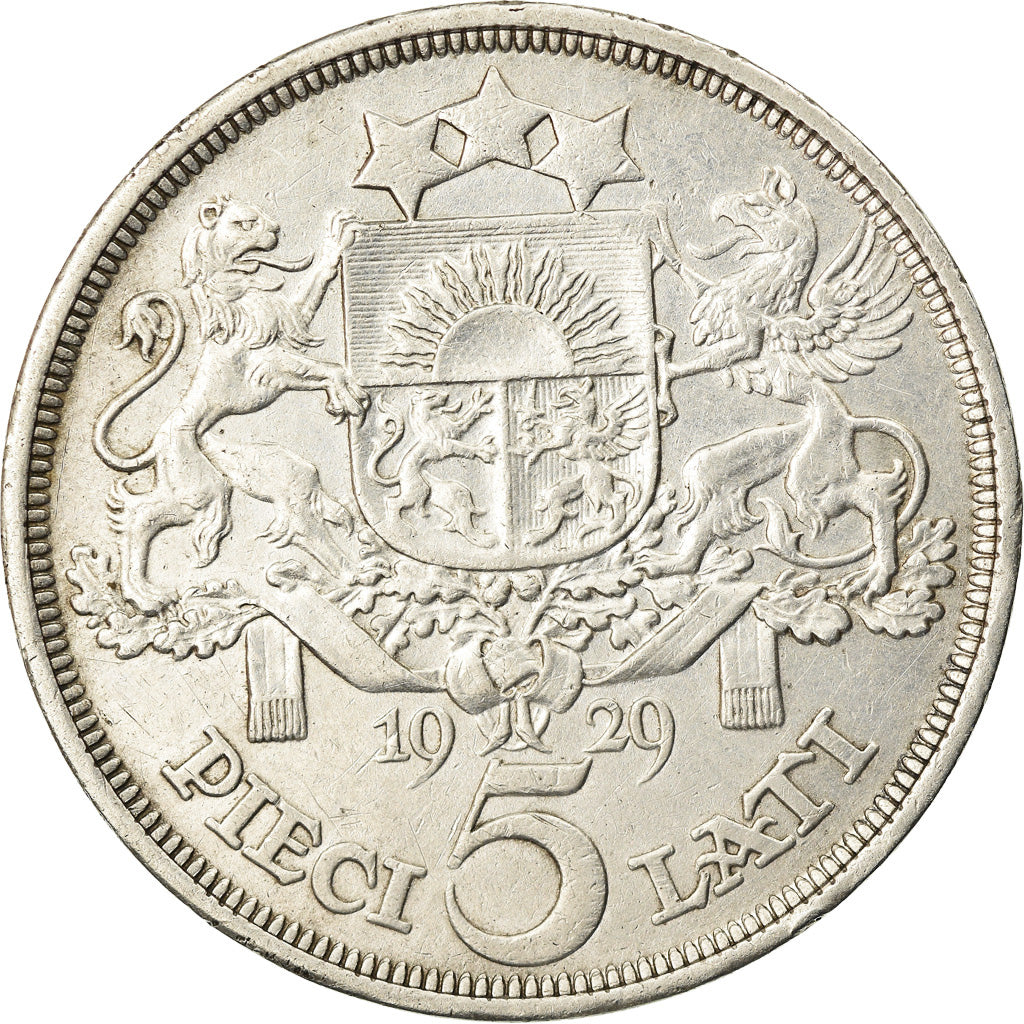 Coin, Latvia, 5 Lati, 1929, EF(40-45), Silver, KM:9