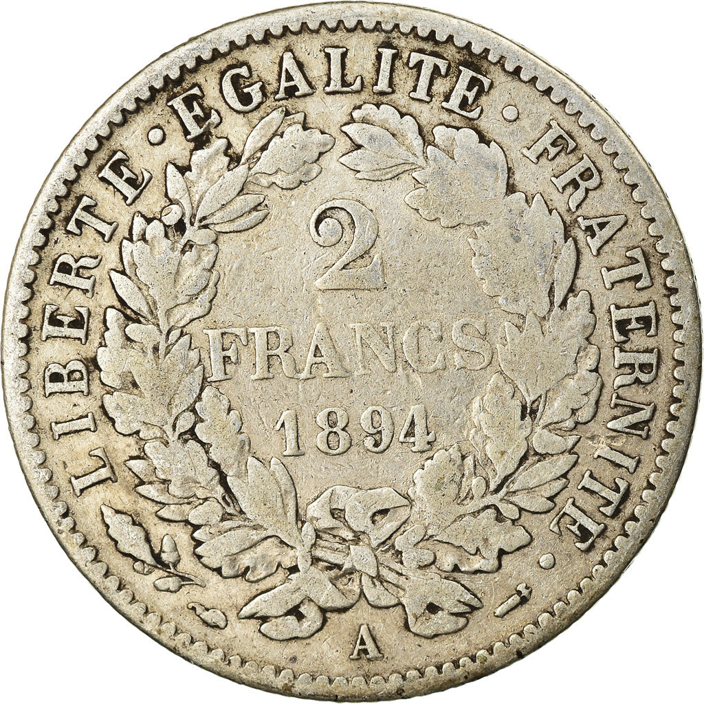 Coin, France, Cérès, 2 Francs, 1894, Paris, VF(20-25), Silver, KM:817.1