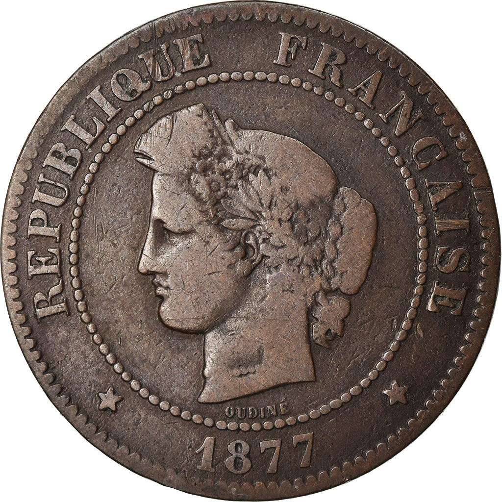Coin, France, Cérès, 5 Centimes, 1877, Bordeaux, VF(20-25), Bronze, KM:821.2